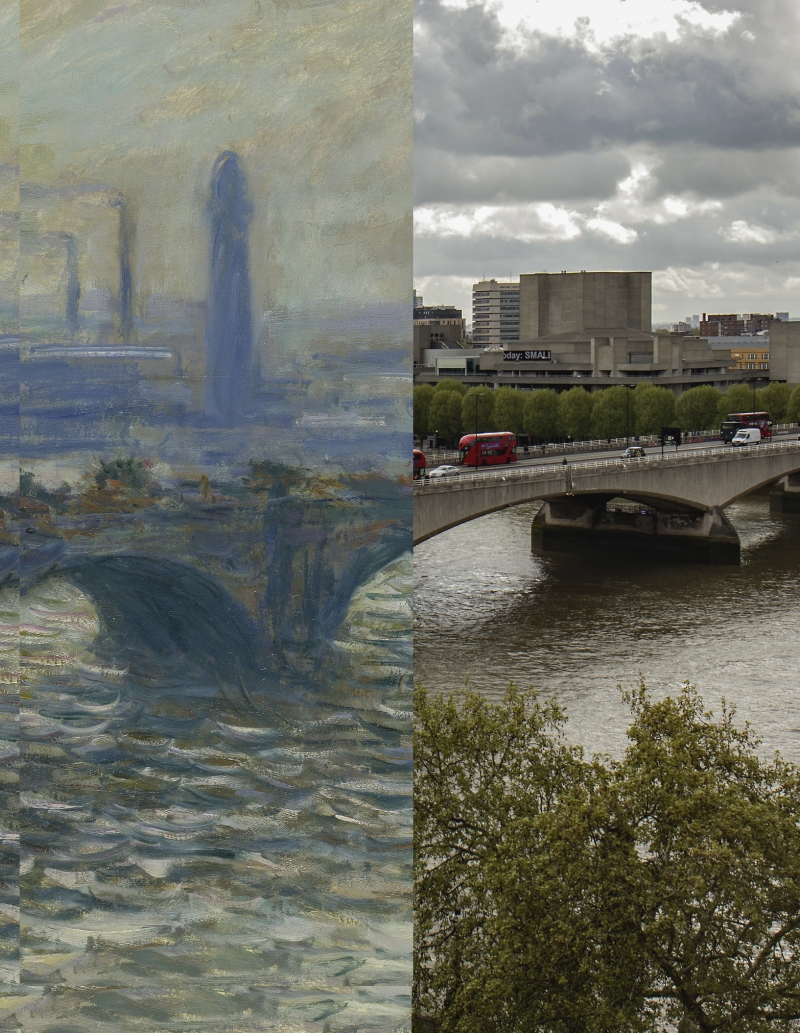 Claude Monet, Die Waterloo-Bridge, 1902, Öl auf Leinwand, 65 x 100 cm, © Hamburger Kunsthalle / bpk, Foto: Elke Walford (Ausschnitt; aktuelles Foto und Montage: © Christoph Irrgang)
