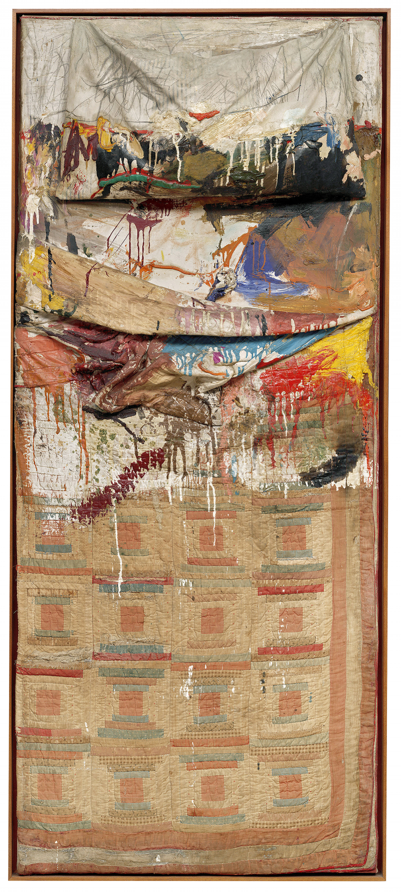 Robert Rauschenberg, Bed, 1955, Öl und Grafit auf Kissen, Steppdecke und Laken auf Holzunterlagen, 191,5 x 80 x 20,3 cm, The Museum of Modern Art, New York © Robert Rauschenberg Foundation / © VG Bild-Kunst, Bonn 2025