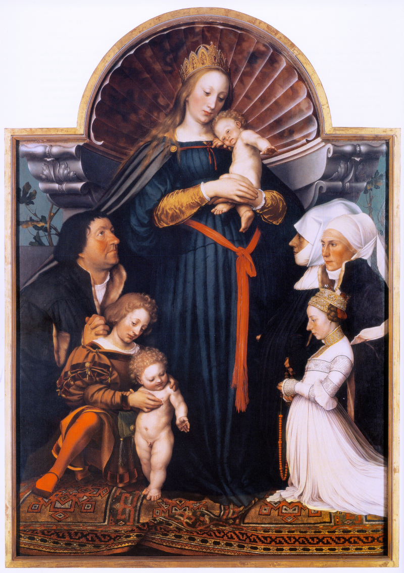 Hans Holbein d. J., Madonna des Bürgermeisters Jacob Meyer zum Hasen (gen. »Darmstädter Madonna«), 1525/26 und 1528, Öl auf Nadelholz, 146,5 x 102 cm, Sammlung Würth, Foto: Sammlung Würth / Philipp Schönborn, München (CC BY-NC-SA) Hans Holbein d. J., Madonna des Bürgermeisters Jacob Meyer zum Hasen (gen. »Darmstädter Madonna«), 1525/26 und 1528, Öl auf Nadelholz, 146,5 x 102 cm, Sammlung Würth, Foto: Sammlung Würth / Philipp Schönborn, München (CC BY-NC-SA)