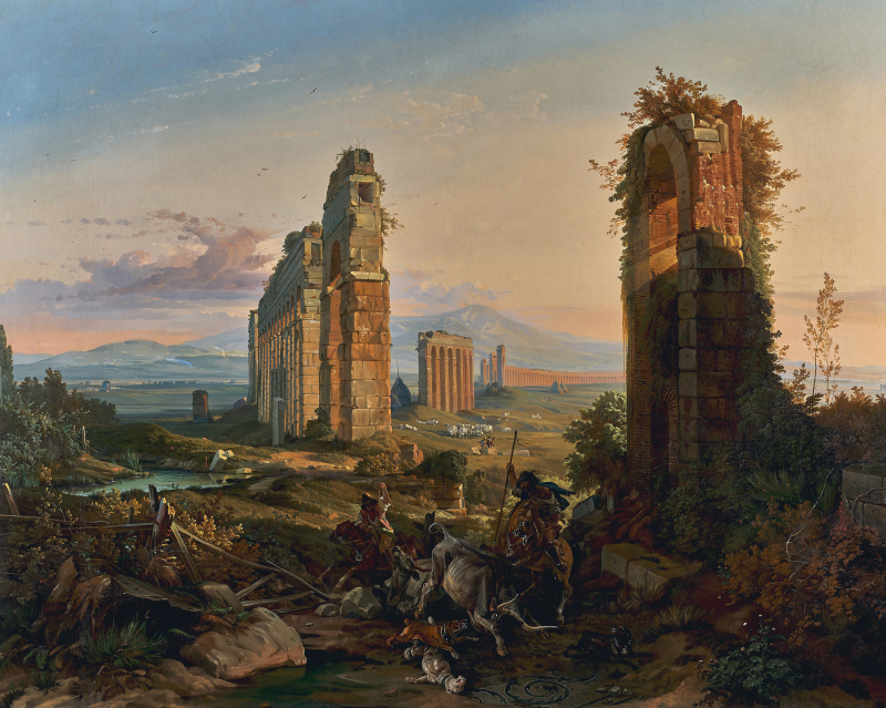 Friedrich Nerly, Campagnalandschaft mit Aqua Claudia, 1836, Öl auf Leinwand, 124 x 148,5 cm, Kunsthalle Bremen – Der Kunstverein in Bremen Friedrich Nerly, Campagnalandschaft mit Aqua Claudia, 1836, Öl auf Leinwand, 124 x 148,5 cm, Kunsthalle Bremen – Der Kunstverein in Bremen