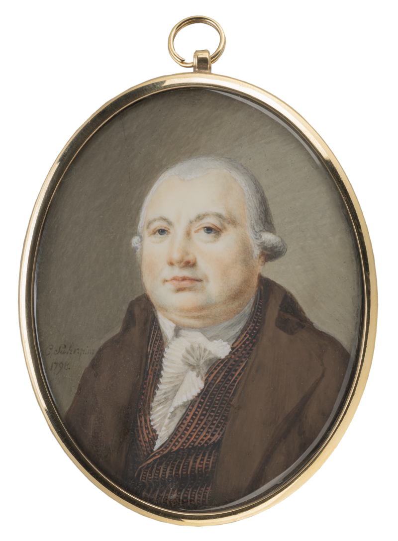 Christopher Suhr, Herr in braunem Rock und gestreifter brauner Weste, 1798, Aquarell und Gouache auf Elfenbein, 7,2 x 5,5 cm; verso: Flechtarbeit aus Haar mit Inschrift, Tusche auf Elfenbein, © Hamburger Kunsthalle / bpk, Foto: Birgitt Schmedding Christopher Suhr, Herr in braunem Rock und gestreifter brauner Weste, 1798, Aquarell und Gouache auf Elfenbein, 7,2 x 5,5 cm; verso: Flechtarbeit aus Haar mit Inschrift, Tusche auf Elfenbein, © Hamburger Kunsthalle / bpk, Foto: Birgitt Schmedding