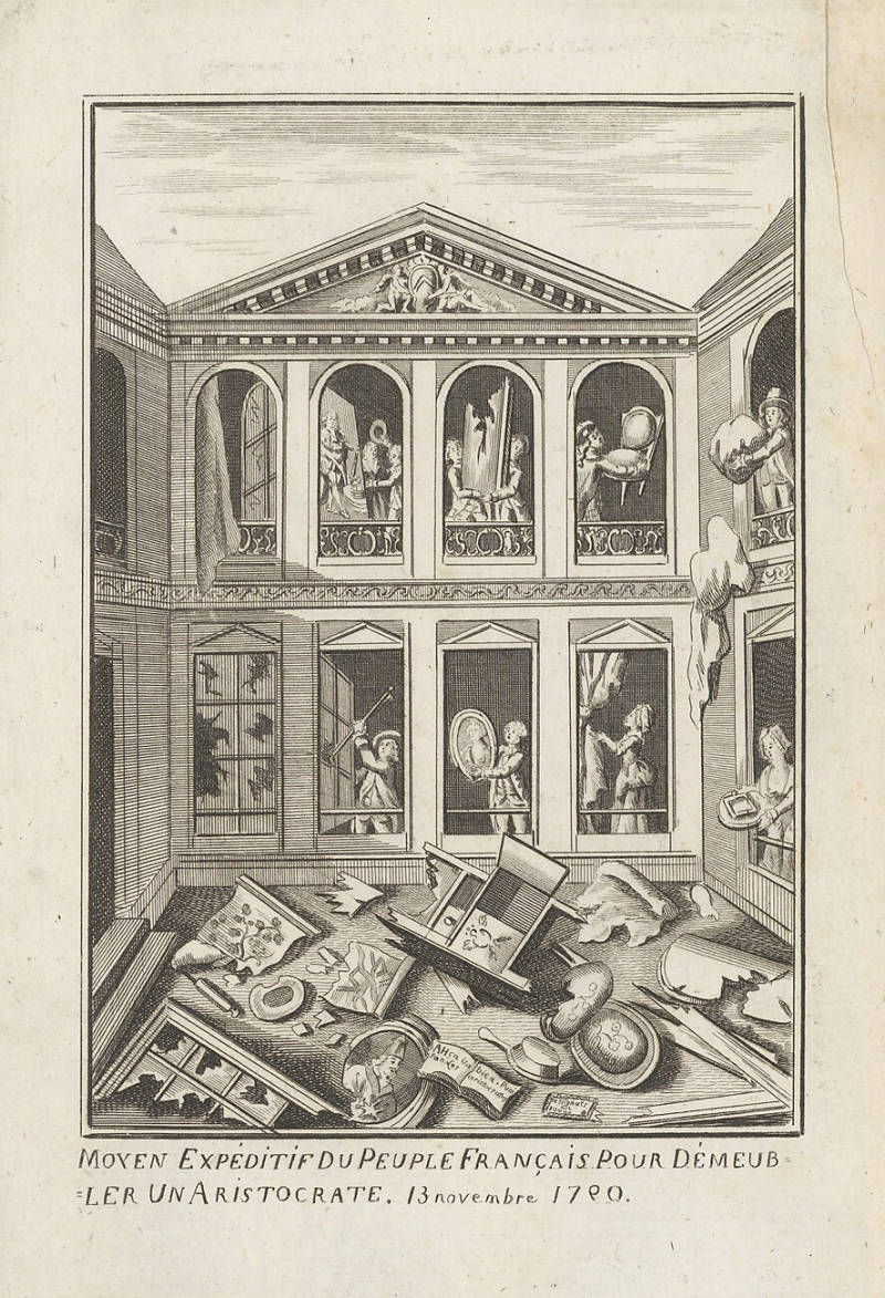 Anonym, Ein Schnellverfahren des französischen Volkes, um einen Aristokraten von seinem Hab und Gut zu befreien, um 1790, Radierung, Hamburger Kunsthalle, Kupferstichkabinett © Hamburger Kunsthalle / bpk Foto: Christoph Irrgang