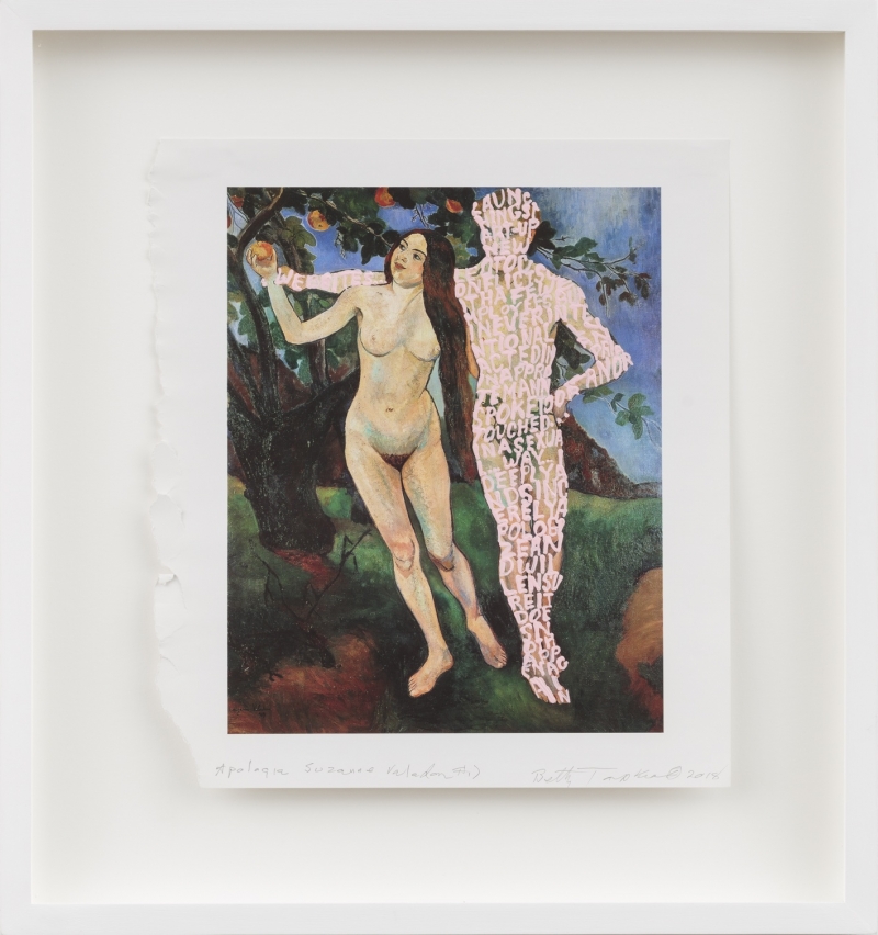 Betty Tompkins, Apologia (Suzanne Valadon #1), 2018, Acryl auf Buchseite, 27,9 x 24,9 cm, Courtesy of Betty Tompkins, Rodolphe Janssen, Brussels, and P·P·O·W, New York
