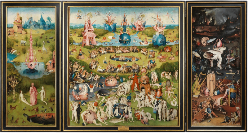 Hieronymus Bosch, Der Garten der Lüste, um 1503 (geöffneter Zustand), Öl auf Eichenholz, 185,8 x 76,5 / 172,5 / 76,5 cm, Madrid, Museo del Prado, © Museo National del Prado