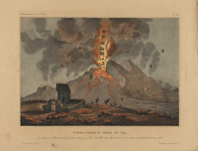 Auguste Desperet (oder Desperret), Troisième éruption du Volcan de 1789, kolorierte Lithographie, 260 x 330 mm, aus der Zeitung La Caricature vom 6. Juni 1833, Privatsammlung, Hamburg, Foto: Petra Dwenger, Hamburg Auguste Desperet (oder Desperret), Troisième éruption du Volcan de 1789, kolorierte Lithographie, 260 x 330 mm, aus der Zeitung La Caricature vom 6. Juni 1833, Privatsammlung, Hamburg, Foto: Petra Dwenger, Hamburg