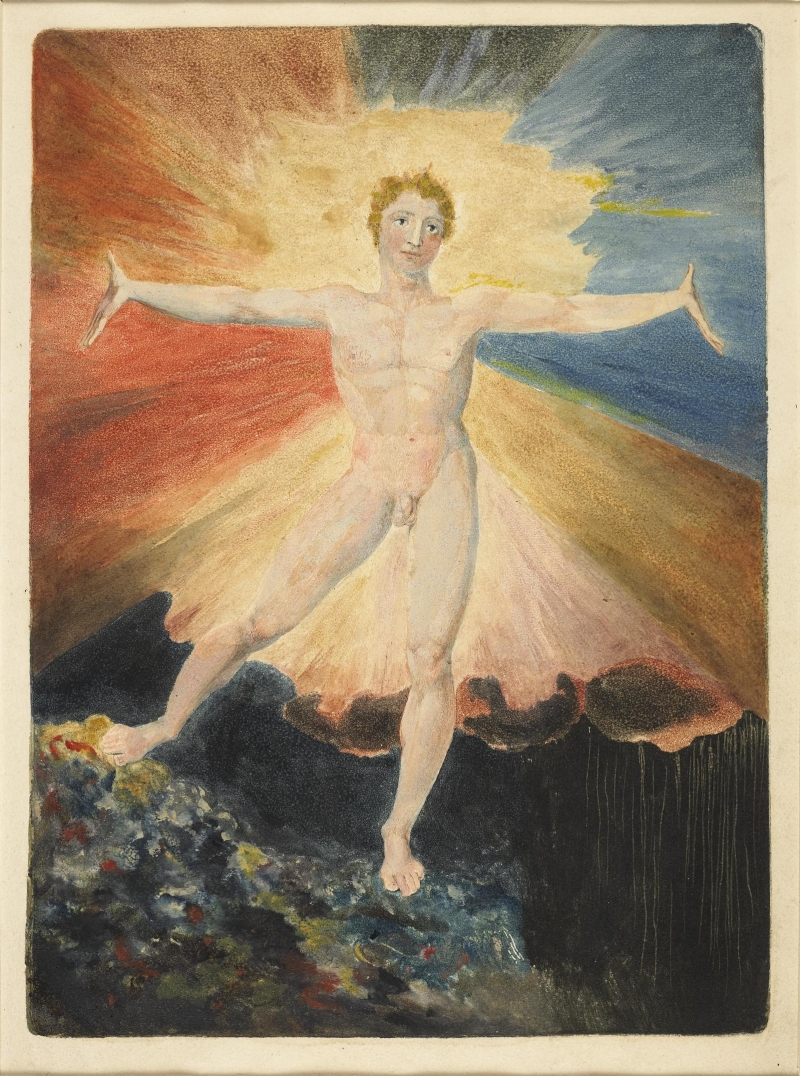 William Blake, Albion Rose (The Dance of Albion), 1794–1796, A Large Book of Designs, Copy A, plate 1, Farbstich und Radierung, handkoloriert, 272 x 200 mm, The British Museum, © The Trustees of the British Museum, Creative Commons (CC BY-NC-SA 4.0)