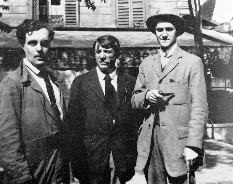 Paris, Quartier du Montparnasse: Amadeo Modigliani, Pablo Picasso und André Salmon vor dem Café La Rotonde, 1916, Foto: Wikimedia Commons