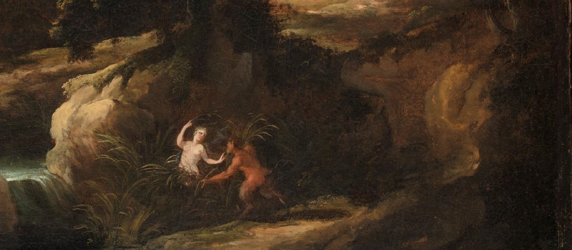 Pierre-Antoine Patel, Nymphe und Satyr / Landschaft mit allegorischer Darstellung / Landschaft in Poussins Art / Faun und Nymphe / Pan et Syrinx, 2. Hälfte 17. Jahrhundert, (Detail) © Hamburger Kunsthalle / bpk Foto: Christoph Irrgang